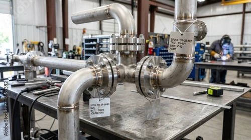 Medium shot capturing stainless steel pipe spool assembly highlighting precision fitting and tagging in a clean manufacturing environment.