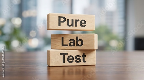Wooden blocks spelling pure lab test on table with blurred background