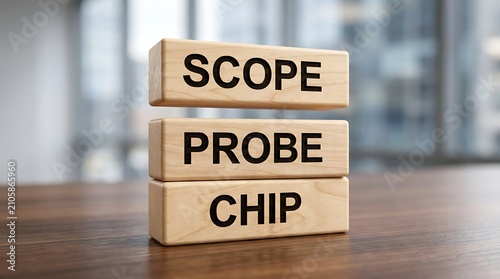 Wooden blocks spelling scope, probe, chip on table