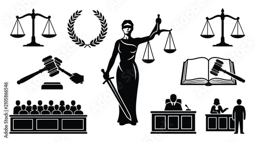 Schilderij op canvas Collection of black and white legal icons featuring justice scales, gavel, sword