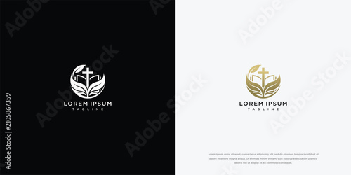 Konstfotografi Elegant Christian Cross and Leaf Wing Logo Template