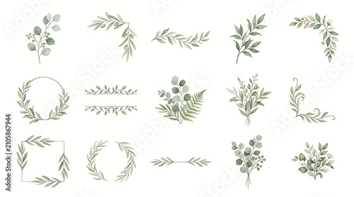 Wedding greenery floral elements. Botanical leaf branches for invitation card design.