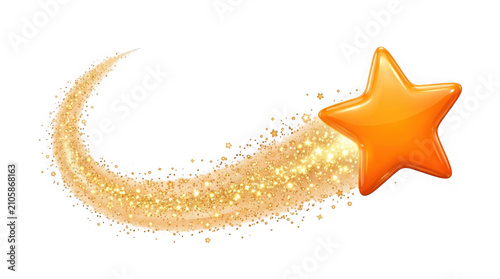 Shiny orange star with a sparkling golden trail of stardust isolated on transparent background