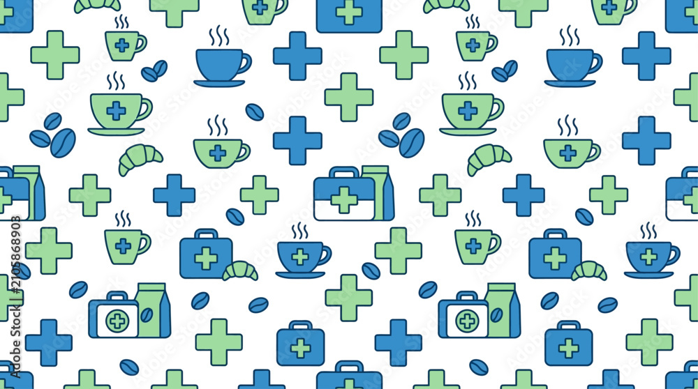 Fototapeta premium Seamless Vector Pattern of Medical First Aid Kits and Hot Coffee Cups for Healthcare Break Concept