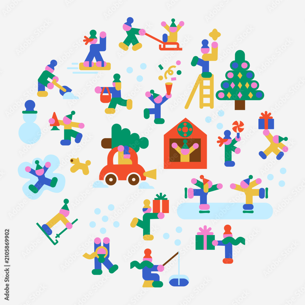 Fototapeta premium Flat winter holiday activity set with skating, sledding, skiing, snow games, Christmas gifts, decorated tree, market stall and festive characters isolated on white