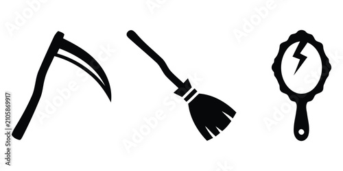 Foto Grim Reaper Scythe Witch Broomstick and Broken Hand Mirror Icons Set Minimalist