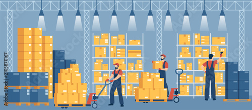 Foto Warehouse worker unloads boxes from a pallet jack onto shelves and scans barcode on cargo boxes delivered to warehouse