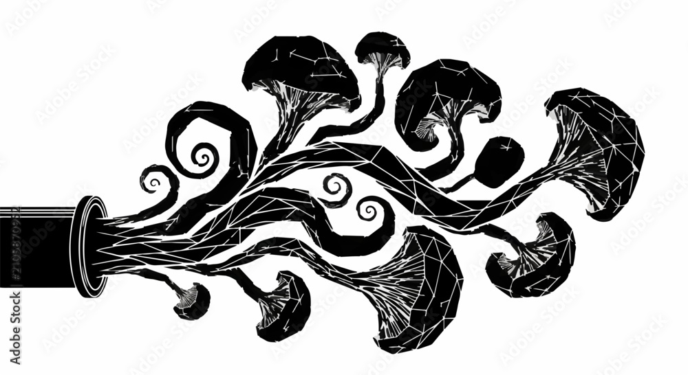 Fototapeta premium Abstract black ink stream erupting from a tube with organic, wispy shapes