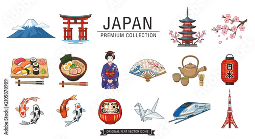 Japan Travel Icons Set with Traditional Landmarks and Food