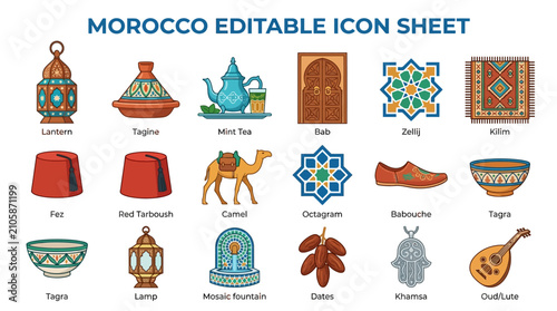 Morocco Icon Sheet: Lantern, Tagine, Camel, Tarbouche, Oud