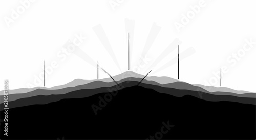 Abstract silhouette of layered mountains with radiating light beams at dawn or dusk.