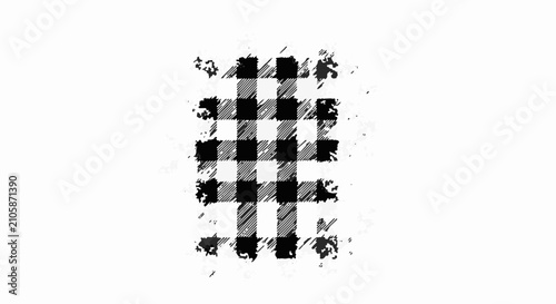 Abstract black and white checkered pattern with distressed texture and splatters