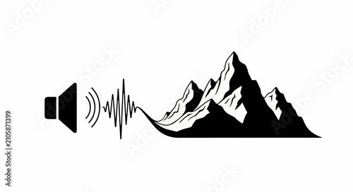 Sound waves emanating from a speaker transform into mountain peaks, symbolizing nature's music.