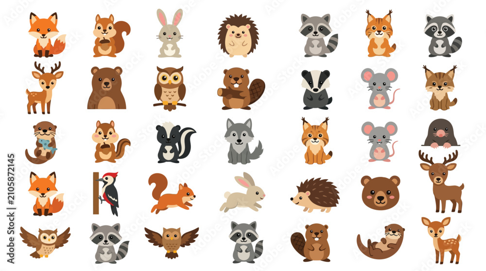 Obraz premium Forest and wildlife animal character icon collection.