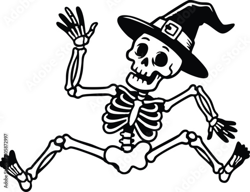 Cartoon Skeleton Wearing a Witch Hat Waving Hello for Halloween
