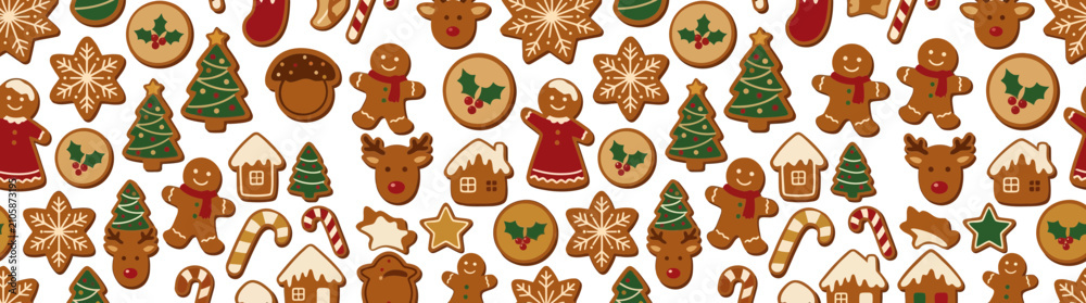 Fototapeta premium Seamless pattern of festive holiday gingerbread cookies on white background