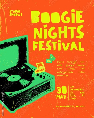 Fotografie Retro Boogie Nights Festival, vintage music event poster, record player