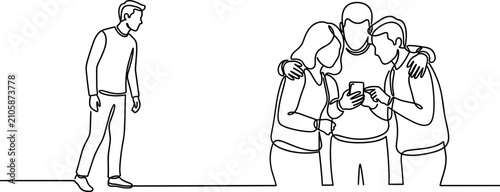 Foto Continuous line art illustration of a person feeling lonely while a group of friends use a smartphone