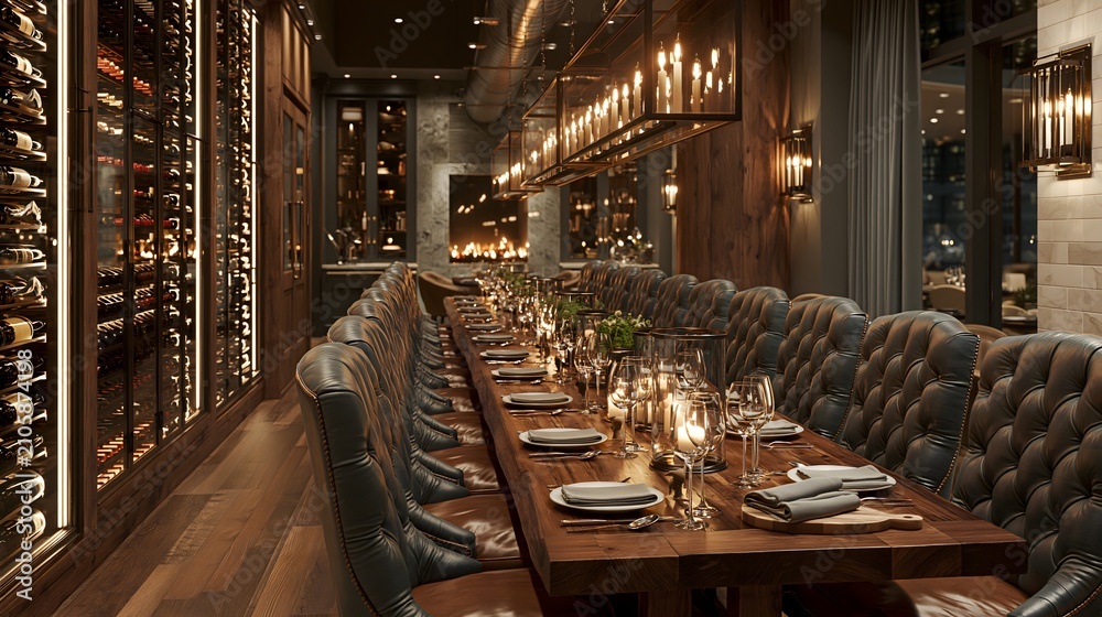 Obraz premium Luxurious Private Dining Room Featuring a Long Wooden Table, Tufted Leather Chairs, and a Modern Wine Cellar Wall in a Sophisticated Upscale Restaurant Interior with Warm Ambient Lighting and Decor