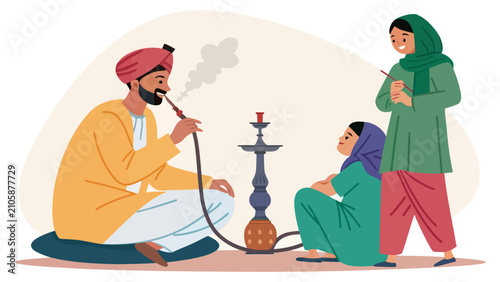 Traditional cultural hookah smoking social gathering illustration with middle eastern flat art leisure time tradition gathering lifestyle community relaxing interaction conversation colorful