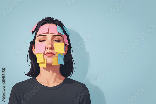 Exhausted Woman Covered With Sticky Notes Symbolizing Workplace Burnout