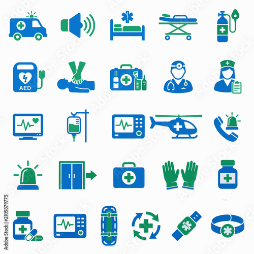Obraz na plátně Medical Emergency Icons: Ambulance, First Aid, Doctor, Nurse, Hospital, Lifesavi