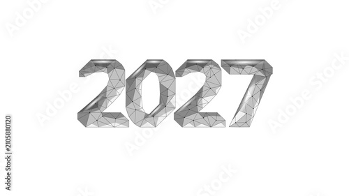 2027 geometric number design. Polygonal metallic wireframe futuristic calendar art. New year celebration greeting card banner poster. Gray silver low poly vector white background