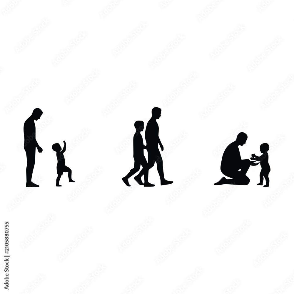 Obraz premium Silhouettes of family walking, black and white, minimalist