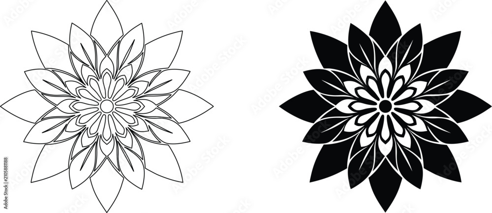 Obraz premium Floral mandala ornament line art and solid black silhouette shape design elements for creative graphic vector decorations.