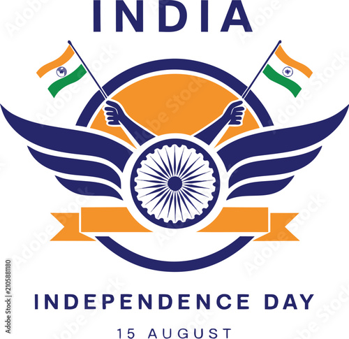 India Independence Day celebration graphic design with flag and wings