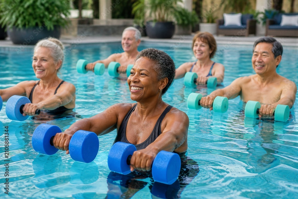 Obraz premium Group of seniors exercising with water dumbbells in pool