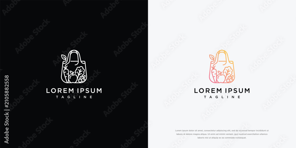 Fototapeta premium Organic Shopping Bag Monoline Logo Design with Natural Elements