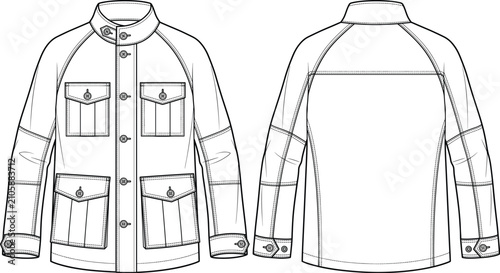 Fashion flat sketch of a utility safari jacket with multiple patch pockets and stand collar