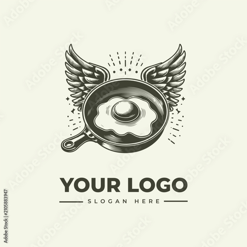 Vintage style illustration of a fried egg in a frying pan with wings logo design.