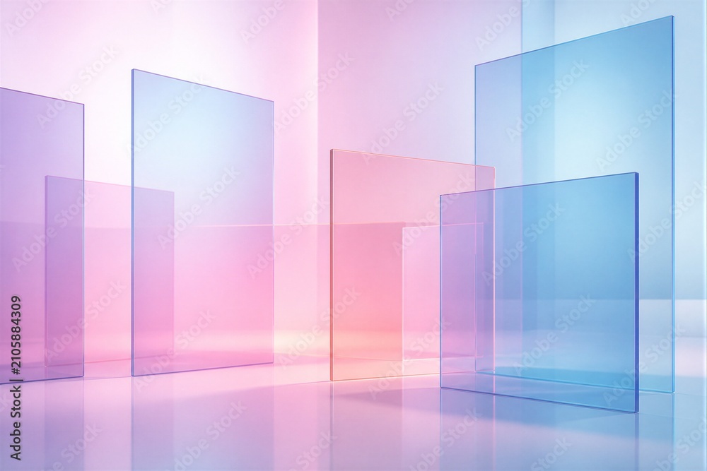 Fototapeta premium Colored glass panels arranged in reflective studio space