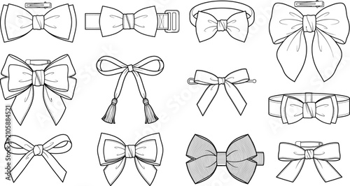 Obraz na płótnie Set of various classic fashion bow ties and hair bows flat vector technical sket