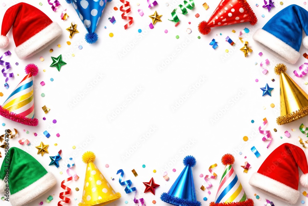 Obraz premium Colorful party hats and confetti framing white background