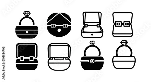 Jewelry box and diamond ring icon collection.
