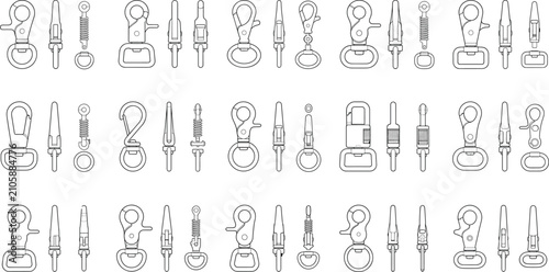 Set of various metal snap hooks, lobster clasps, and swivel triggers technical vector design sketches