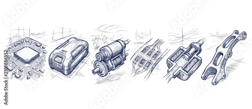 Fotografía Technical engineering blueprint illustration set featuring mechanical and electr
