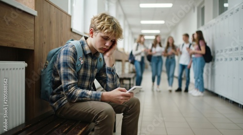 Depressed teenage boy sitting alone in a school corridor with a smartphone.