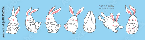 Set of cute white rabbits in various funny poses isolated on blue background. Vector illustration in minimalistic outline doodle style