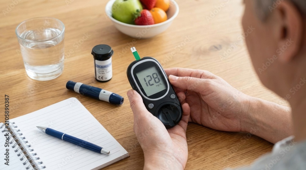 Fototapeta premium Diabetic person monitoring: blood sugar, glucose level, health care, daily routine, medical device, patient control, wellness concept, self management, chronic condition, lifestyle habit.