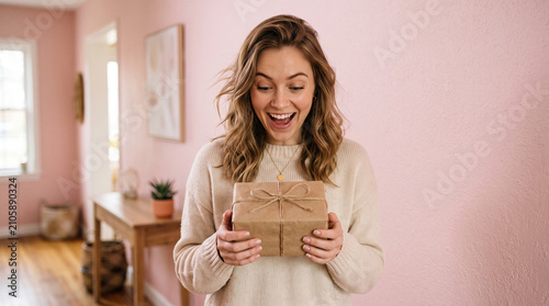 Excited Young Woman Holding Wrapped Gift Box at Home with Surprised Expression