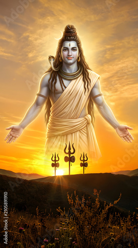 Divine Lord Shiva Welcoming with Open Arms Above Sunset Mountain Landscape with Tridents