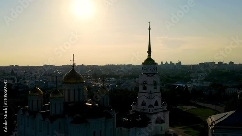 Russia, Vladimir. Dormition Cathedral in Vladimir (Assumption Cathedral) Cathedral of the Vladimir Metropolitanate of the Russian Orthodox Church. Drone footage, Departure of the camera