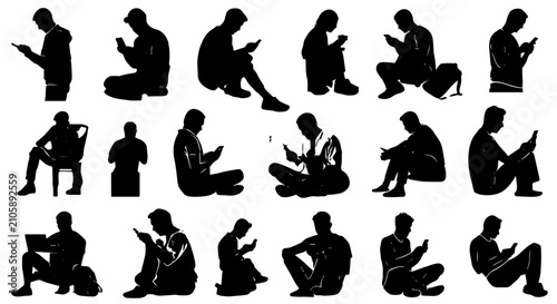 Canvastavla Diverse Silhouettes of People Using Smartphones, Sitting and Standing Poses, Mod