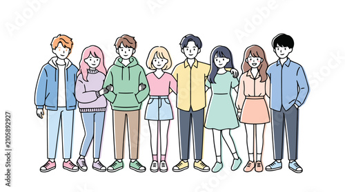 Group of diverse young adults standing and smiling together vector illustration