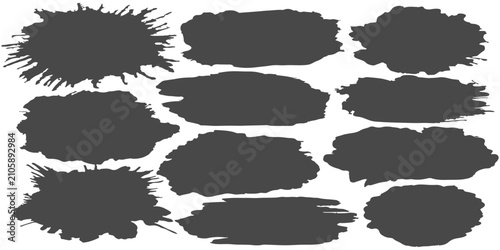 Black brush strokes and ink splatters set. Vector grunge paint stains isolated on white background for design.