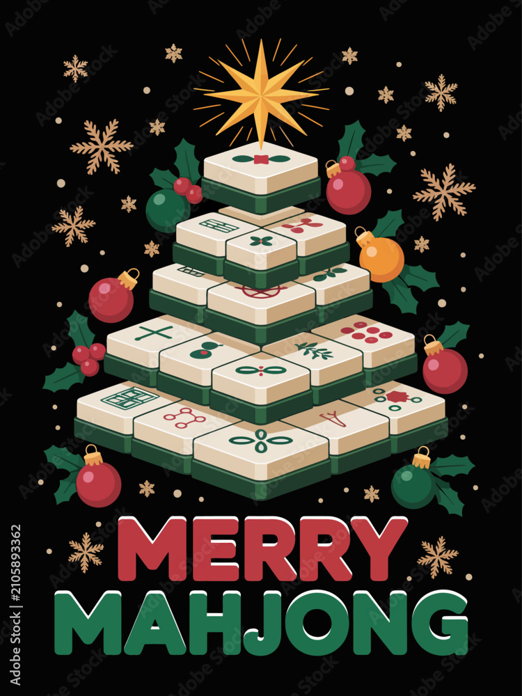 Fototapeta premium This image features a creative Christmas tree constructed from mahjong tiles, the phrase 'Merry Mahjong' at the bottom.